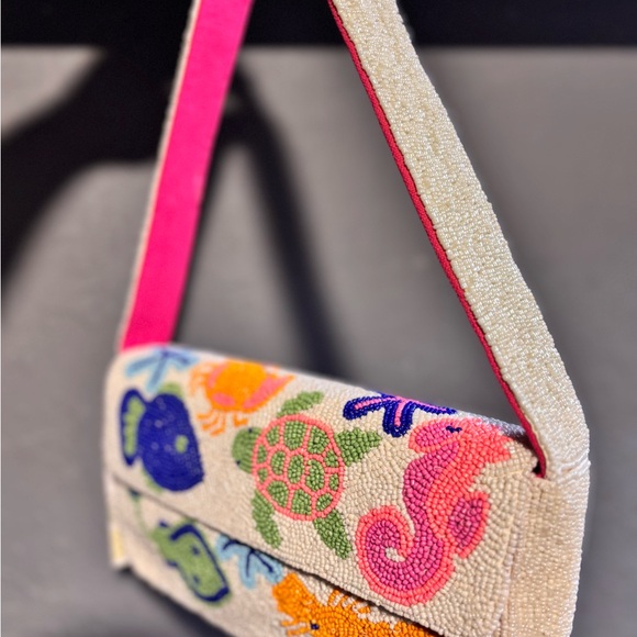 Beaded Cream Shoulder Bag with Colorful Sea Life - Picture 4 of 5